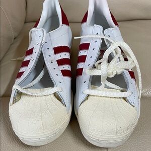 Adidas Superstar White and Burgundy Shell toe Sneakers